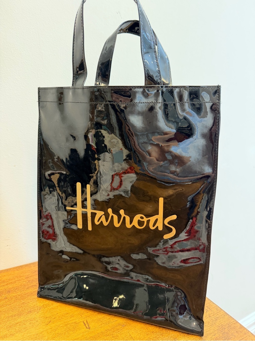 Harrods Black Patent Shopper with Gold Hardware